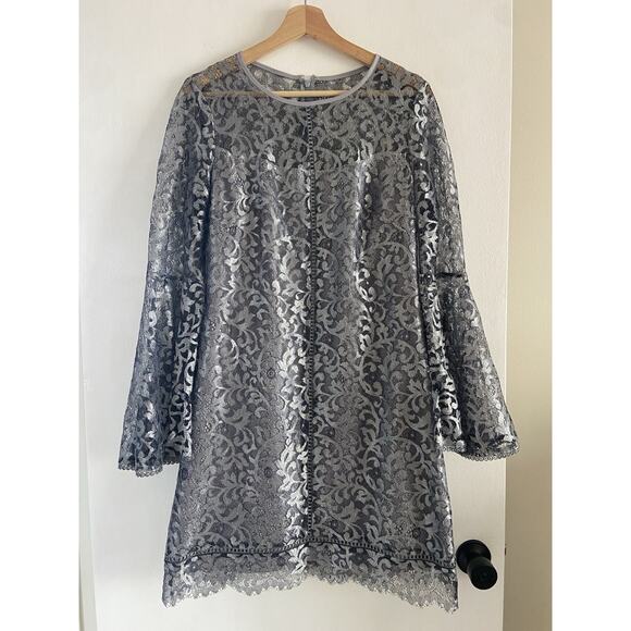 White House Black Market Dresses & Skirts - Women’s White House Black Market Dress Gray Silver Size 8 Sheer Bell Sleeves
